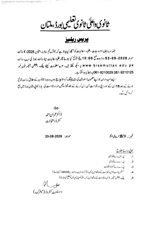 BISE Multan 9th Class Result 2026