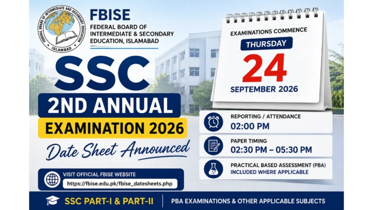 FBISE SSC 2nd Annual Examination 2026 Date Sheet
