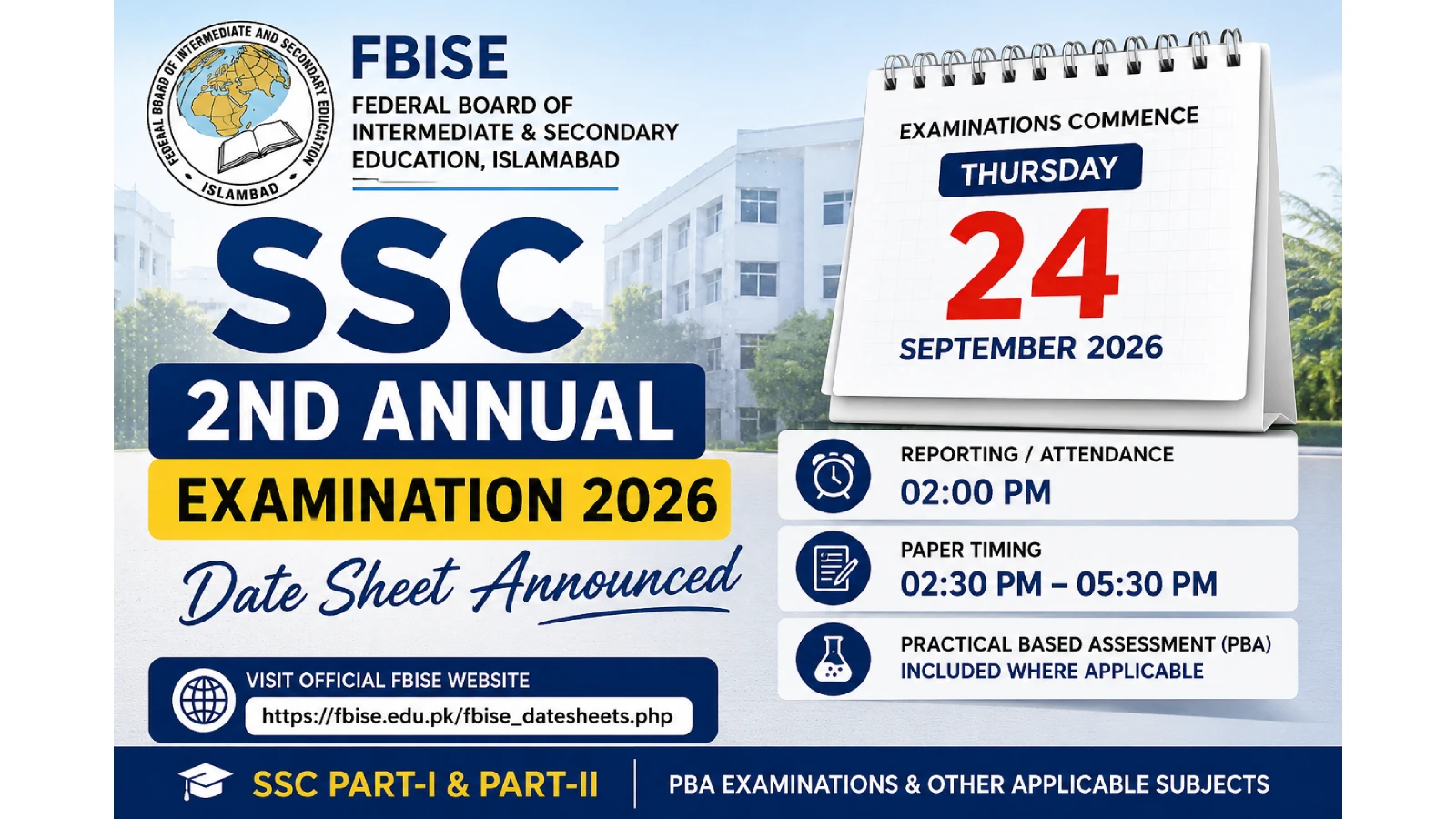 FBISE SSC 2nd Annual Examination 2026 Date Sheet